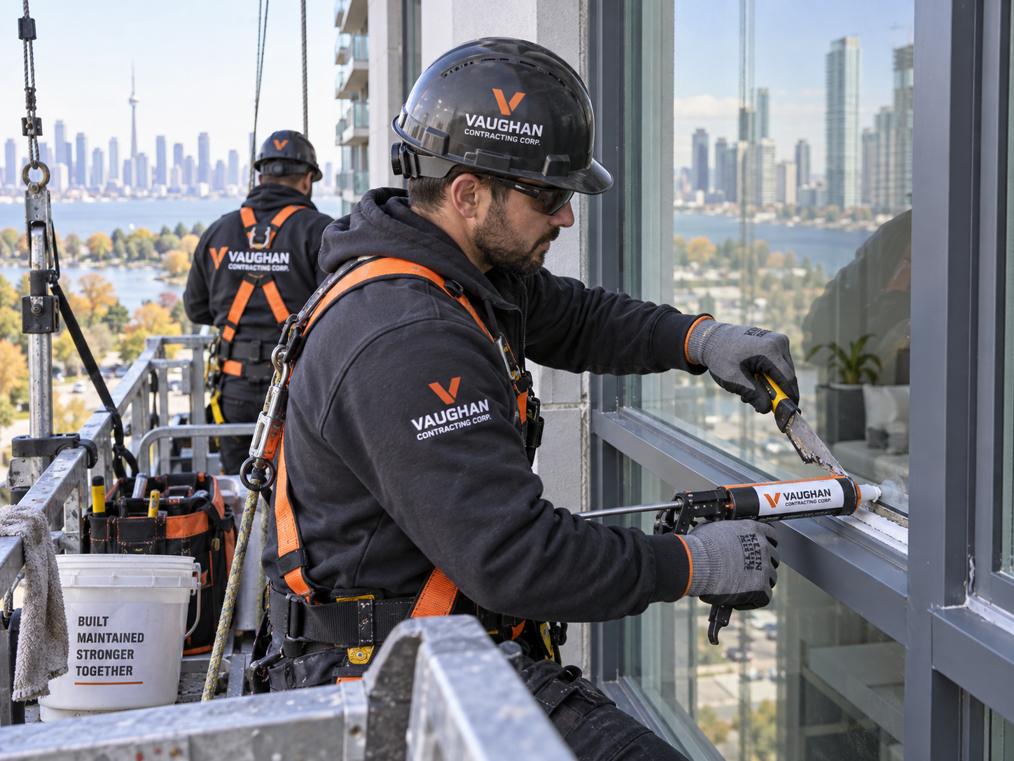 Vaughan Contracting technician renewing exterior window caulking