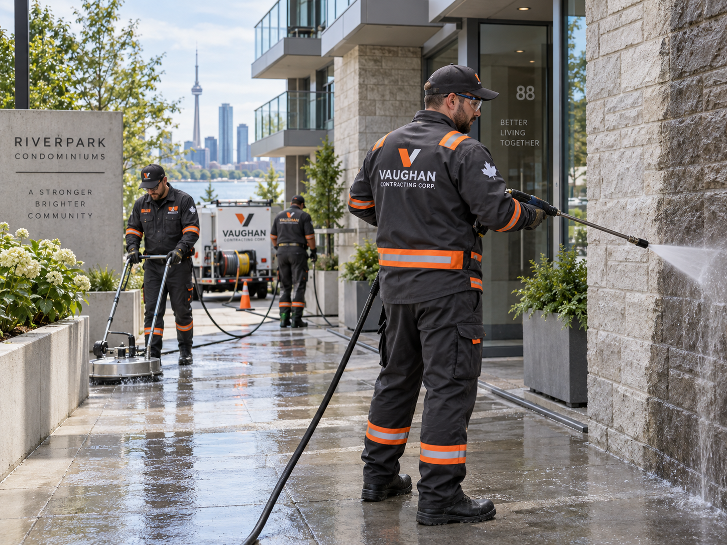 Vaughan Contracting crew cleaning masonry and concrete surfaces