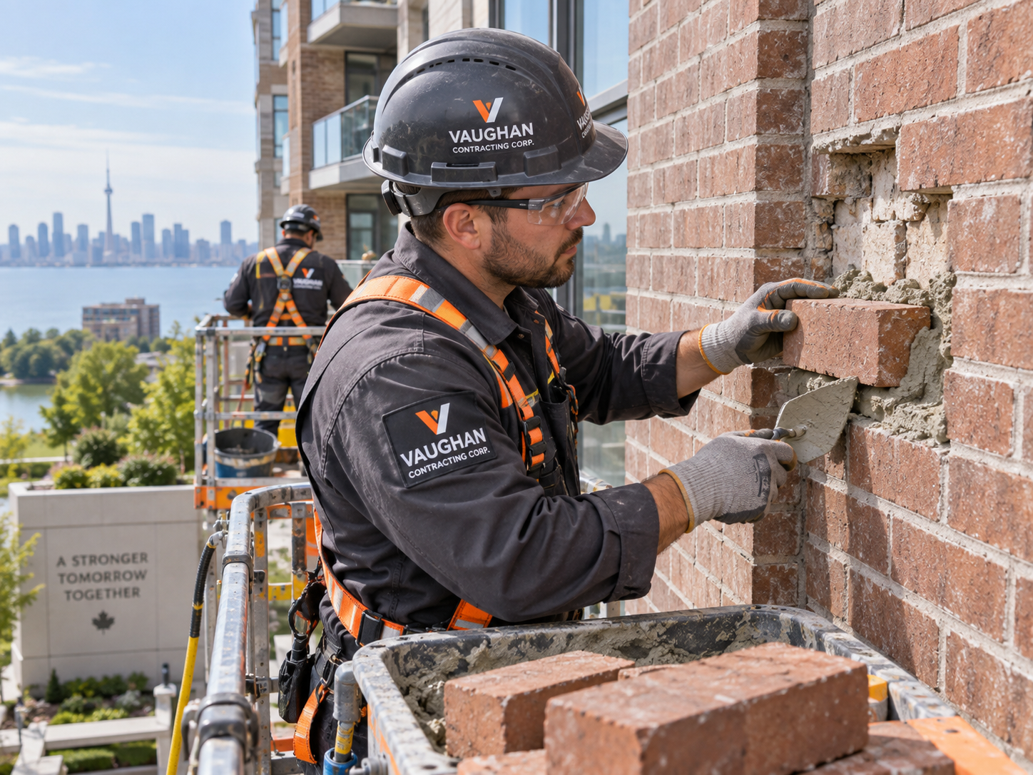 Vaughan Contracting mason repairing a condominium brick facade