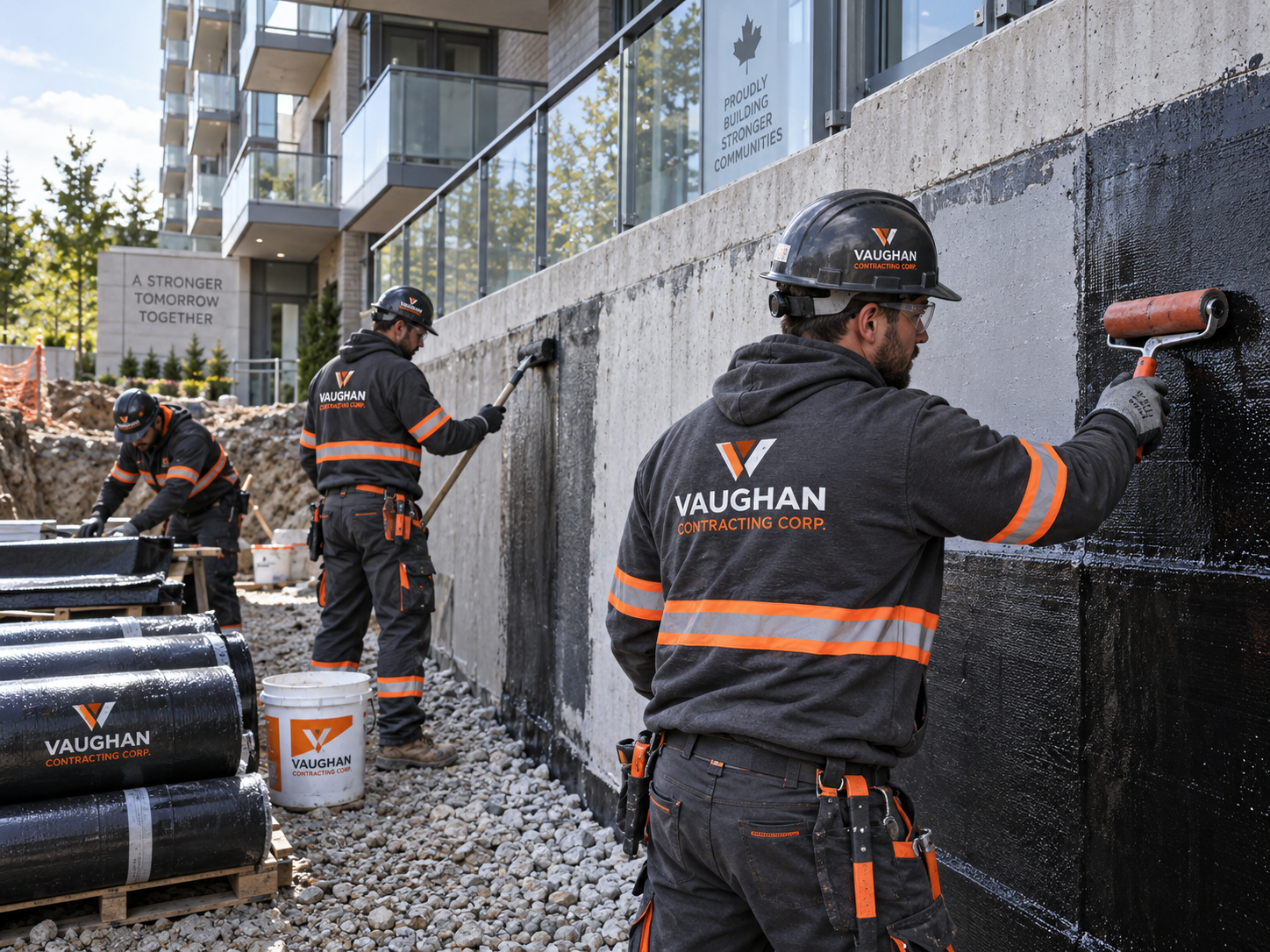 Vaughan Contracting crew installing foundation waterproofing